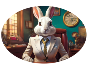 White rabbit sitting in his office.